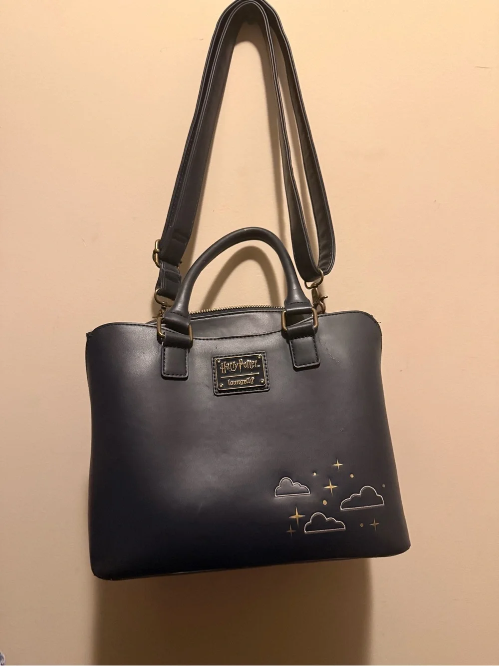 Loungefly Black Satchel with Gold Cityscape Embroidery